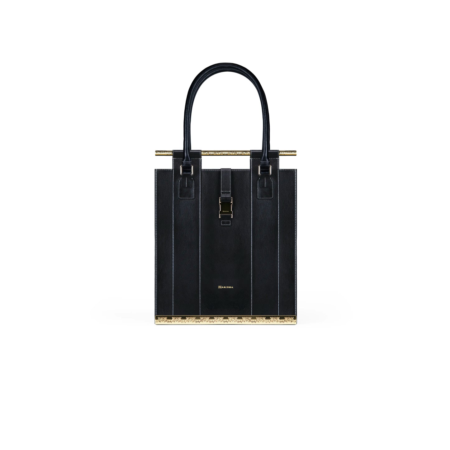 Kisa structured leather tote with 22k gold-plated sculptural detailing — Naksha Outpost