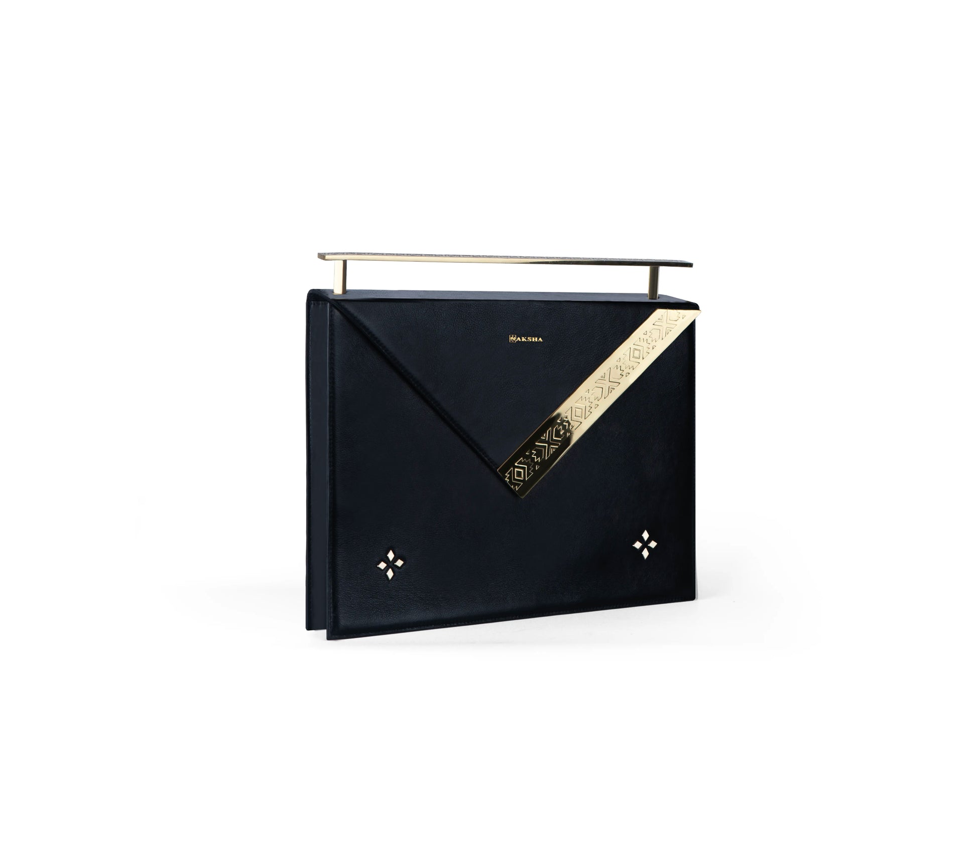 Minimalist black leather envelope bag with jewelry-grade handle and diagonal metal detail