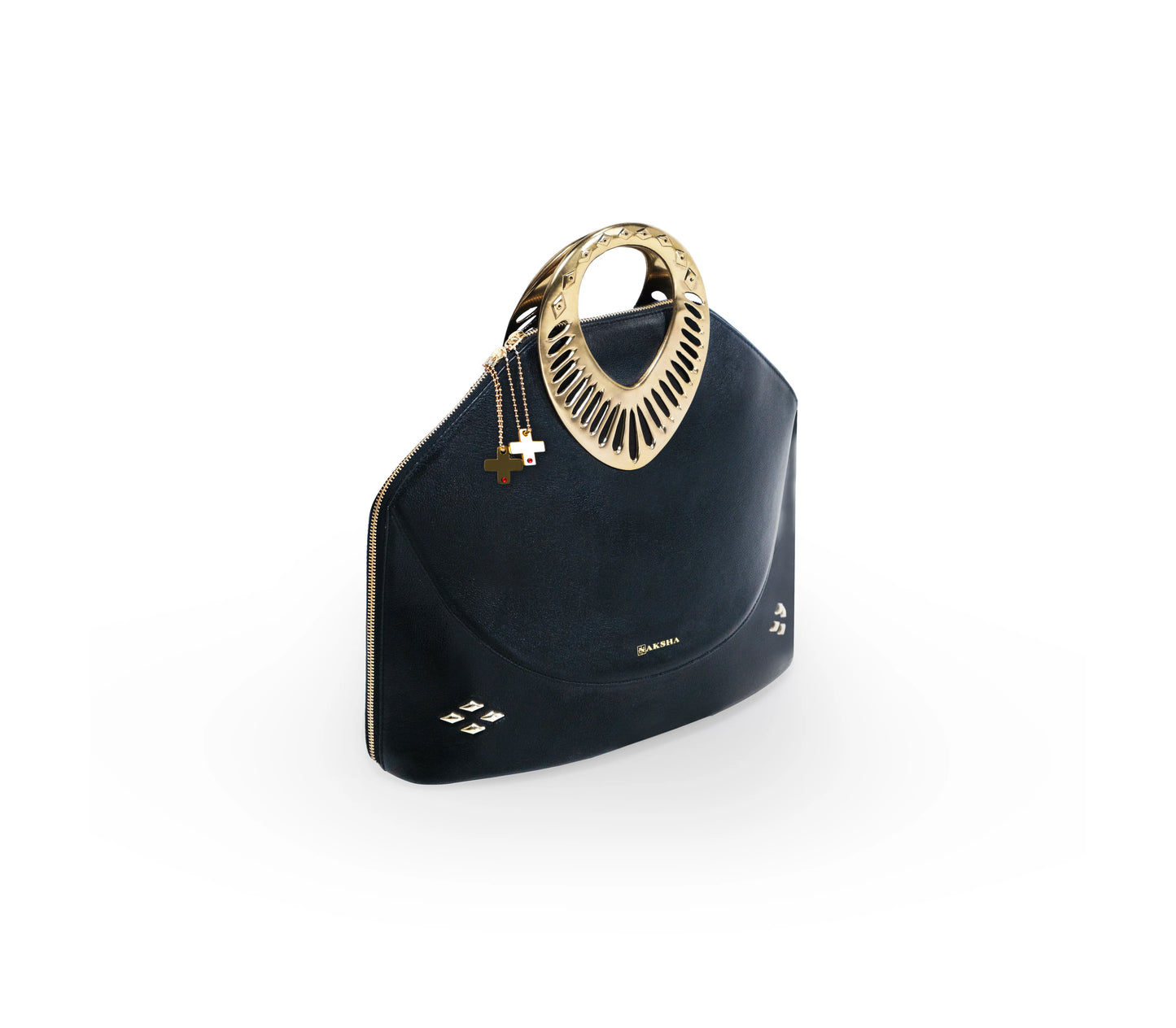 Hand-engraved gold handle inspired by conch form — designer collectible bag
